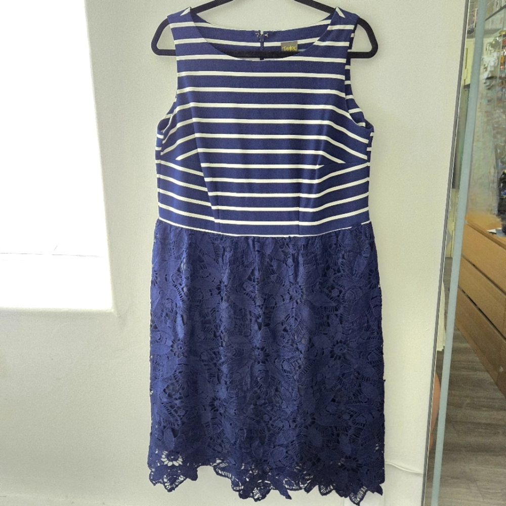 NWT Taylor | 14W Blue Lace Striped Dress